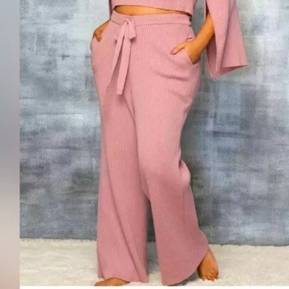 Eloquii Mauve Pink Ribbed Knit Drawstring Wide Leg Pants Size 14/16